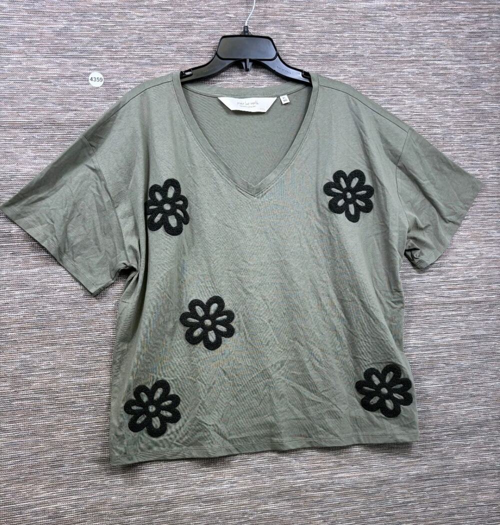 Peace Love World Boheme Mixed Media V-Neck Motif Tee Womens Sz XL Green Ash NEW